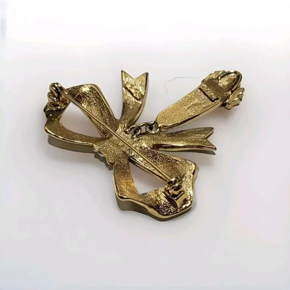 JJ Jonette Gold tone Ribbon Bow Rhinestone Ballet Slipper Vintage Signed Brooch - Picture 4 of 6